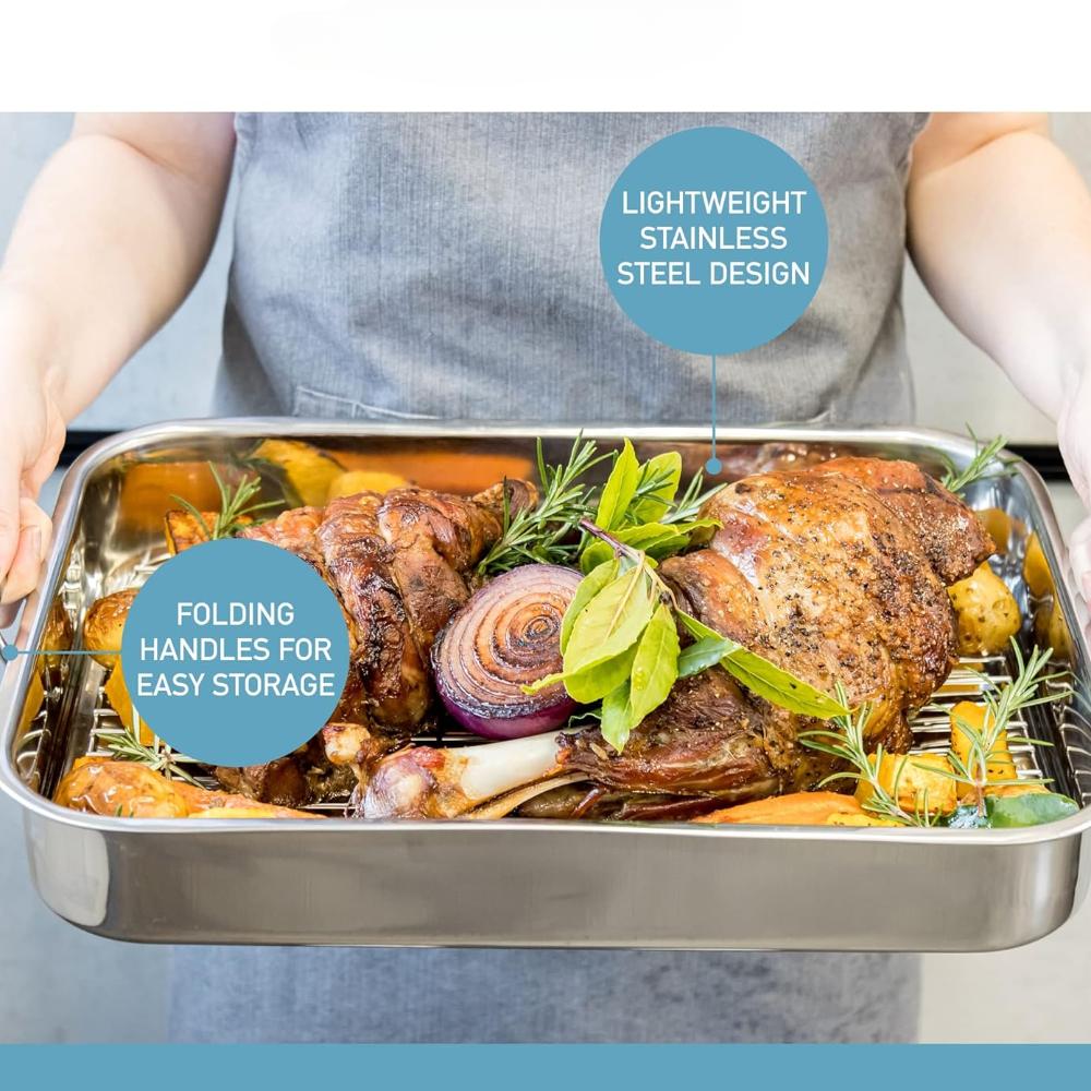 1 Set Stainless Steel Roasting Tin with Rack Perfect for Roasting Large Amounts of Meat or Vegetables for Christmas Kitchen Tool