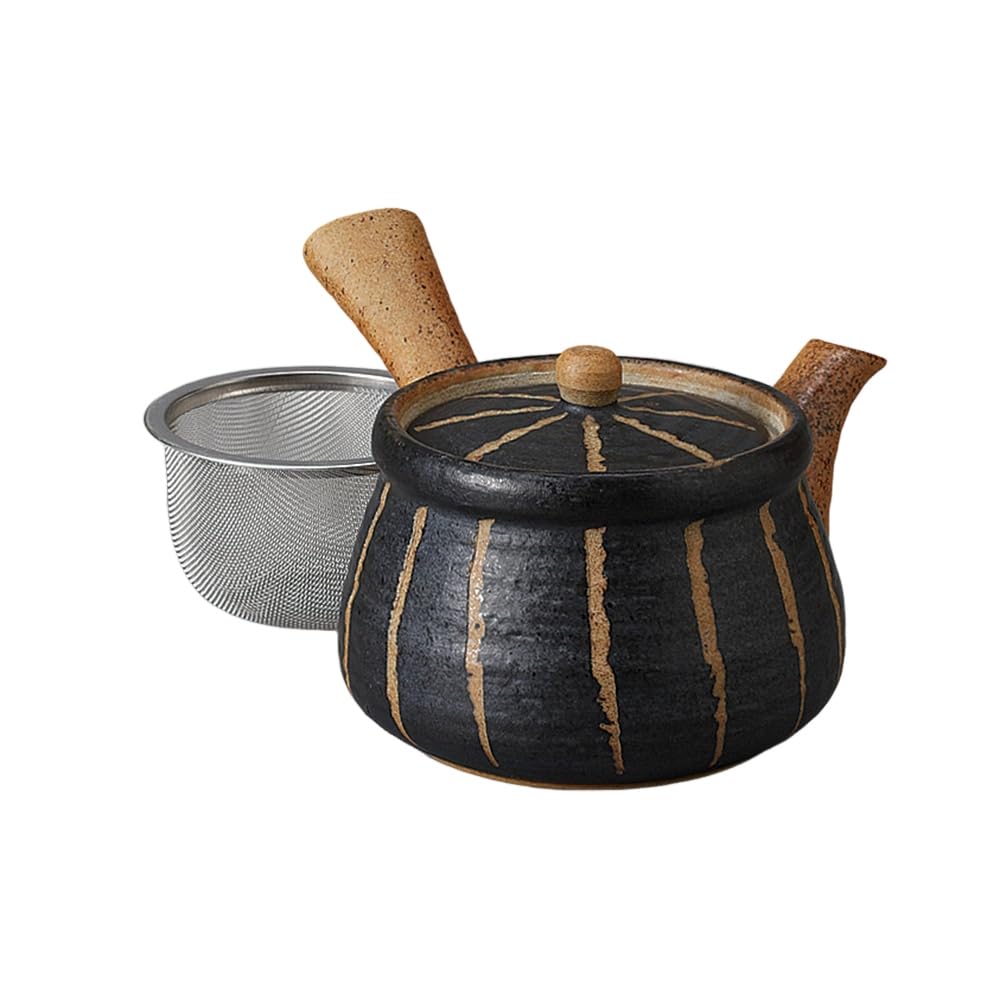 Large Carved Tokusa Design Tea Made in Stylish Ale-net Teapot, 420cc, (Black) (Includes Strainer), Porcelain, Japan,