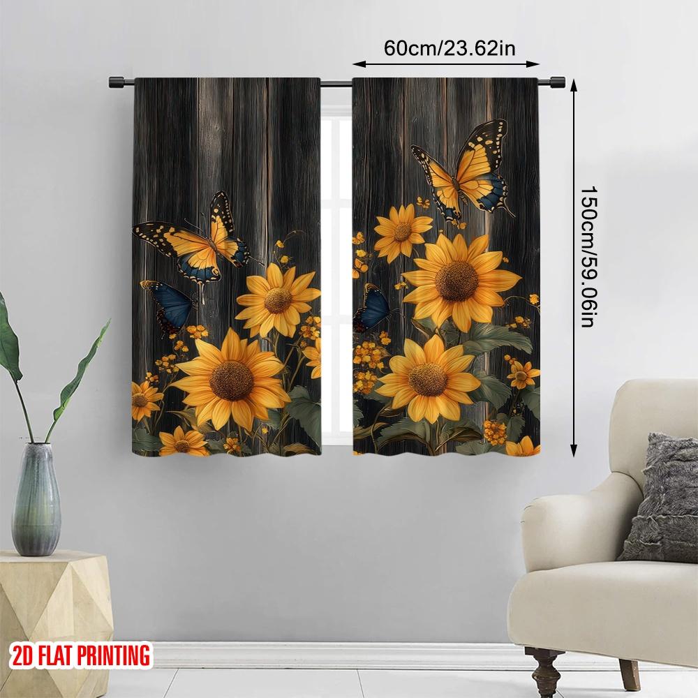 2D Flat Printing 2pcs Party Curtains Vintage Sunflower Durable Polyester,Without Electricity Party Decorations Use for Holiday