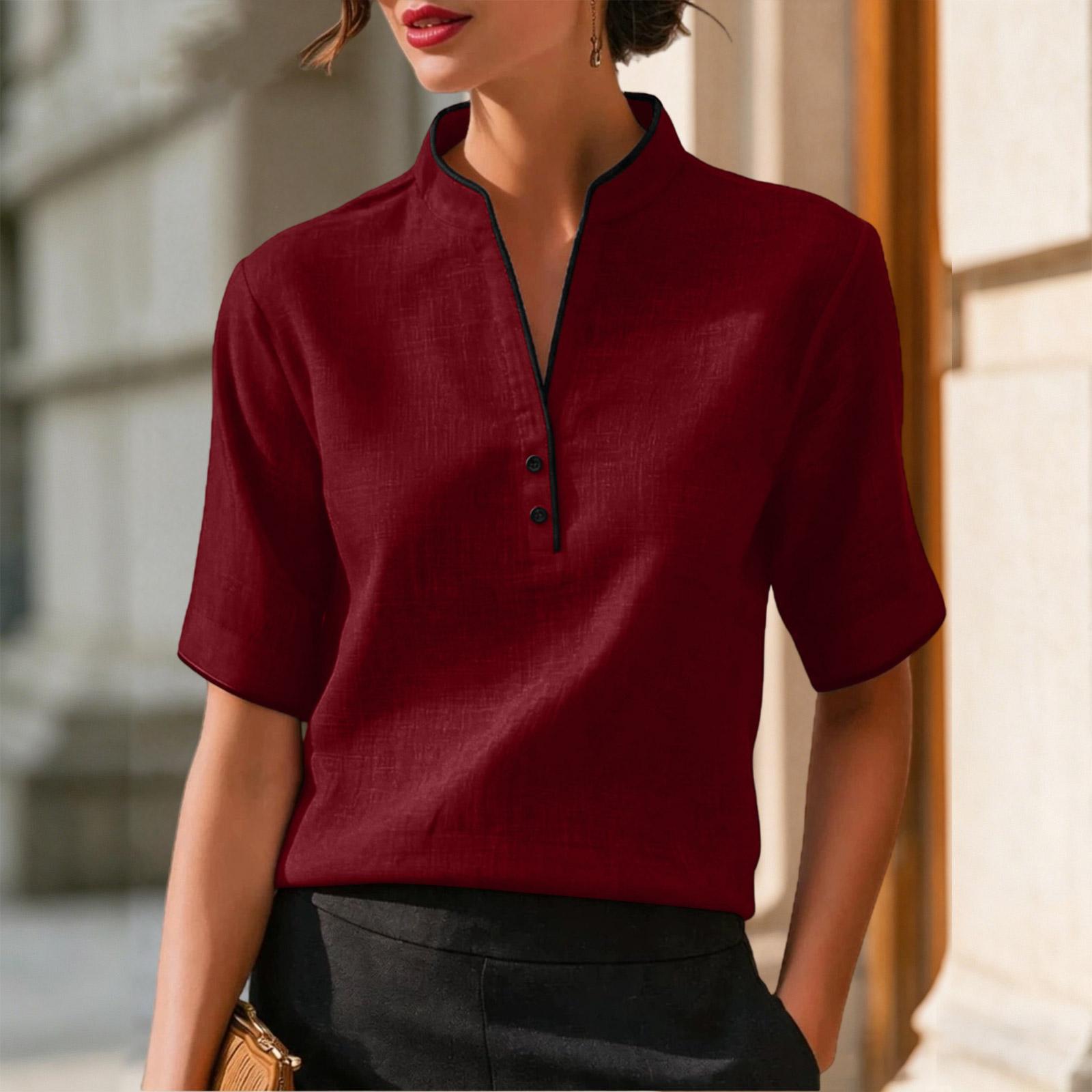 

Women s Casual Short Sleeve Shirt Small Stand Collar V Neck Buttoned Blouse Lightweight Summer Top for Everyday Wear L винний