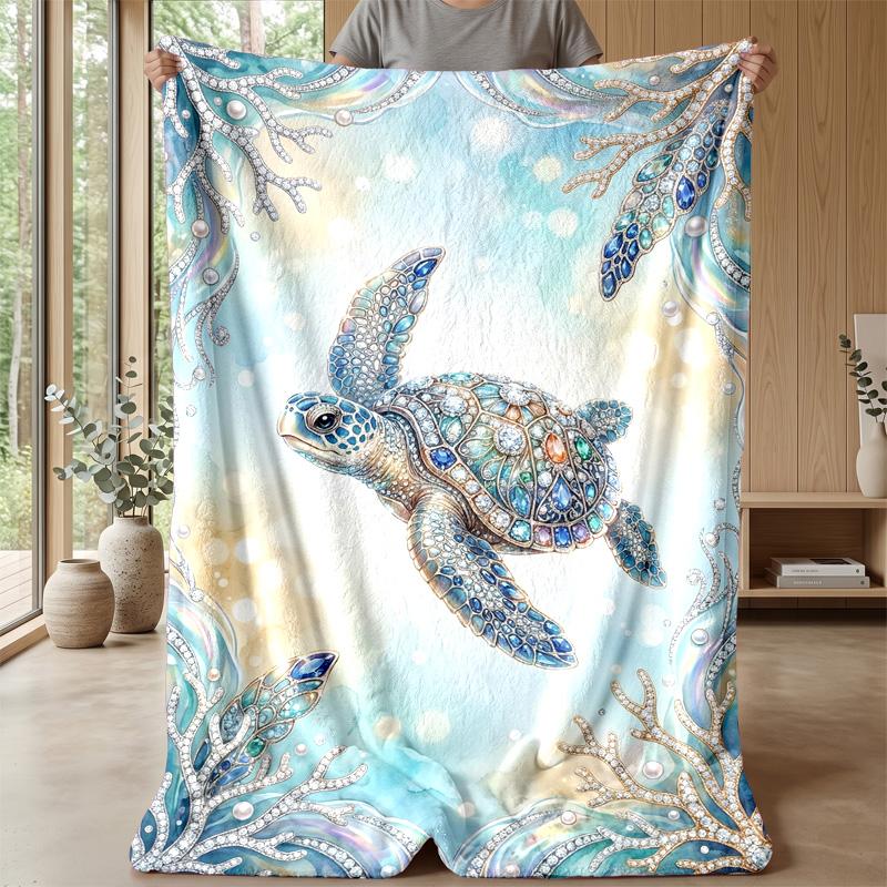 Oceanic Jeweled Turtle 1 Theme Blanket Lightweight Warm Flannel Blanket Decorative Throw Blanket for Home Decoration