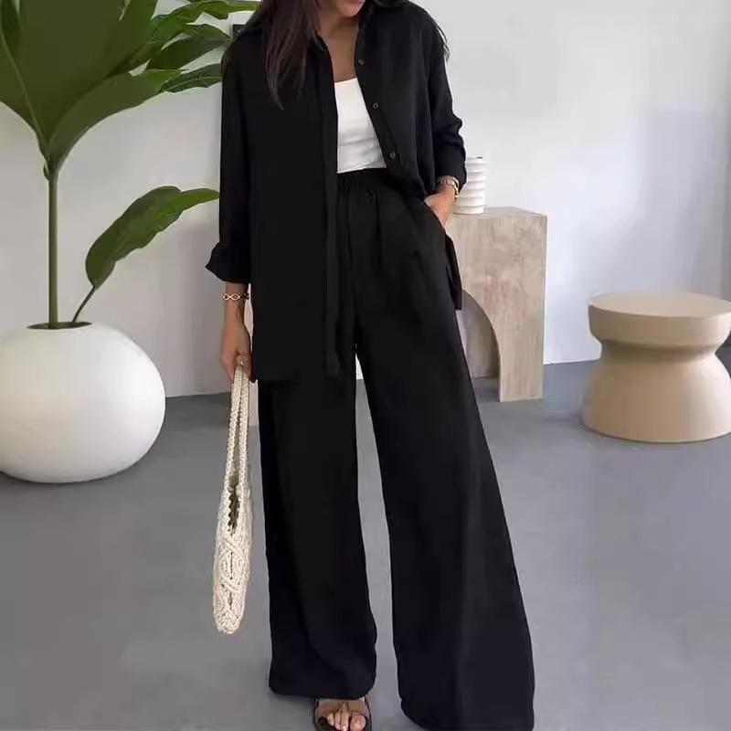 European and American Women Clothes Fashion Solid Loose Top Casual Wide-Leg Pants Two-piece Set Casual Two-Piece Set