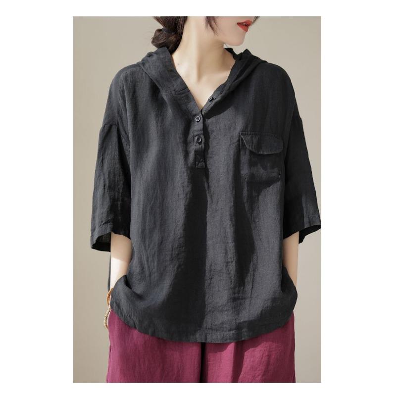 Short-sleeved T-shirt New Cotton and Linen Women's Top Hoodie Loose Simple Literary Original Slimming Women's T-shirt Women
