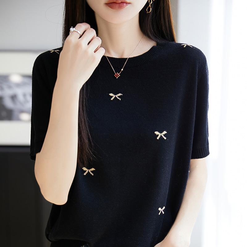 

25 Весна/Лето Тонкая Мериносовая Шерсть Женский Вышитый Бант Трикотаж Футболка с Круглым Вырезом XL