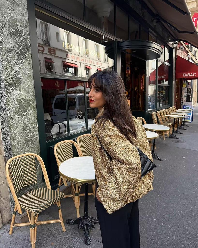 European & American Women's Sequin Stand-up Collar Jacket - Autumn/Winter 2025 Fashion, Solid Color, Short Casual Style