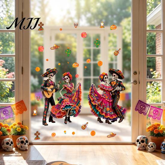 Celebration Accessories Day of The Dead Window Clings, Halloween Double-Sided Skull Sticker, Decals Colorful Flower Skeleton Static for Mexican House