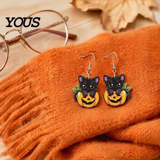 Polished Smooth Edge Jewelry Halloween Black Cat Pumpkin Dangle Earrings, Cute Cartoon Animal Drop Lightweight for Women Girls, Novelty Holiday