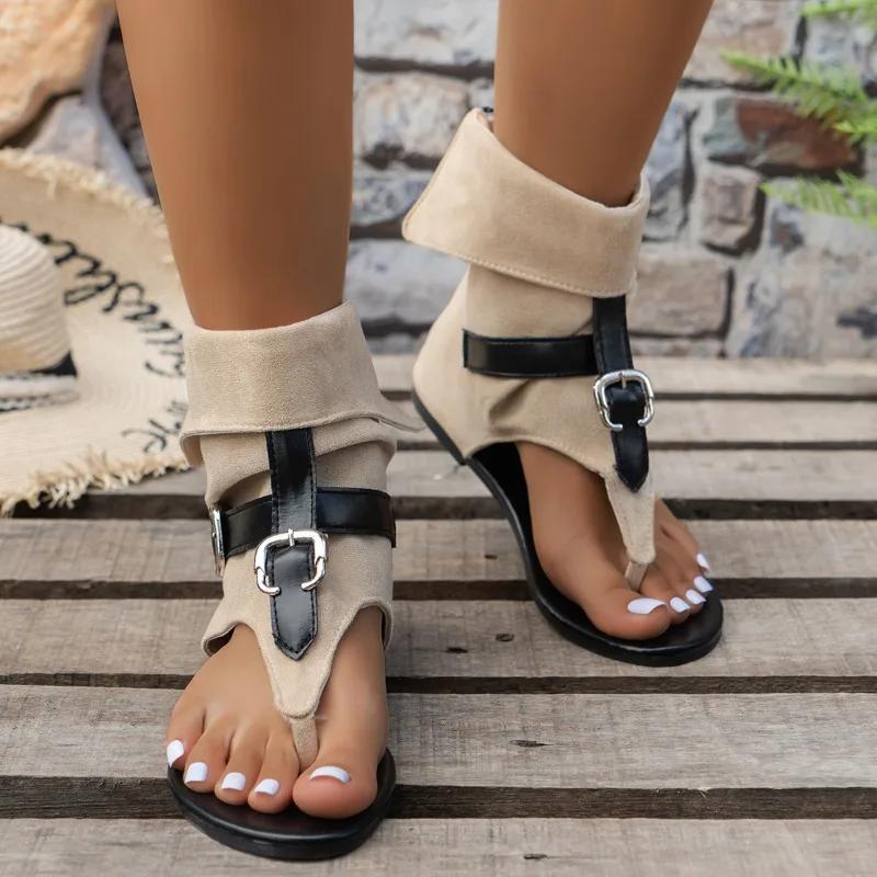 Mode Zehentrenner Römersandalen 2024 Sommer Denim Schnalle Flache Stiefel Damen Casual Mode Sandalen Reißverschluss hinten High Tops Damenschuhe