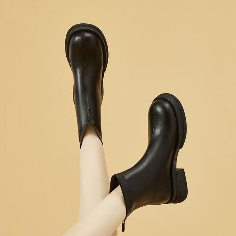 New Women'S British Style Elastic Boots - Rear-Zip Platform Ankle Boots With Anti-Slip Sole, Winter Fashion Booties
