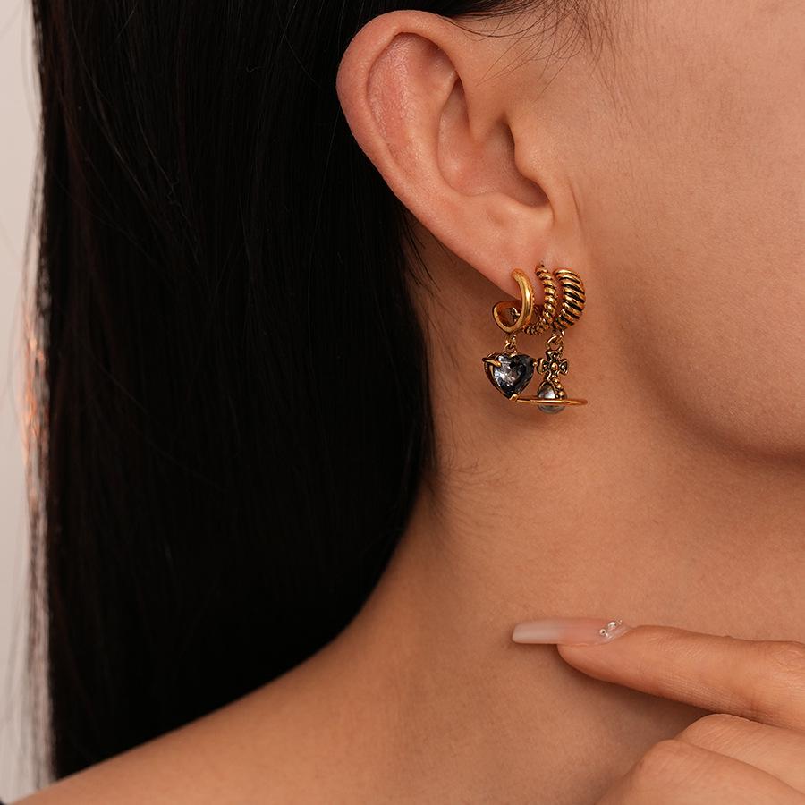 Vintage Zircon Heart Saturn Silver Earrings: Stylish, High-End European and American Design for Women.