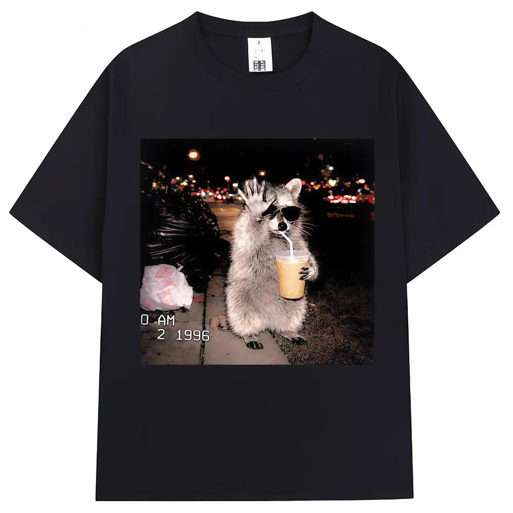 Raccoon Drinking Iced Coffee Funny Meme Print T Shirt Unisex Humor Animal Tshirts Casual Tshirt Streetwear