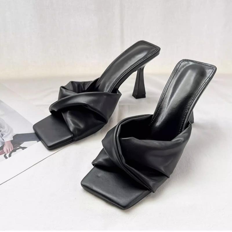 

Fashion Women High Heels Slippers Pleated Square Toe Sandals Sexy Fad Slides Pumps 2025 Summer New Shoes Flip Flops Zapatillas De Mujer 35 чёрный