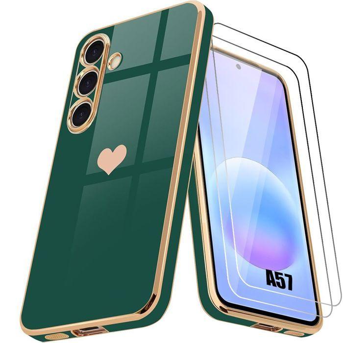 Silicone Case - BOOLING - for Samsung Galaxy A57 5G - Heart Pattern - Night Green - 2 Tempered Glasses