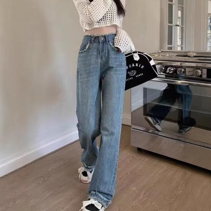2025 New High-Waist Wide-Leg Jeans for Women - Plus Size, Raw Edge, Floor-Length, Slimming Fit, Spring & Autumn Collection.