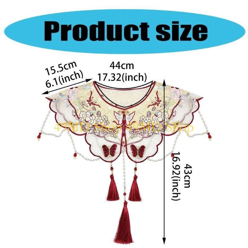 49MD Embroidered Butterfly Floral False Collar Traditional Chinese Styles Beaded Tassels Pendant Shawl Capes Scarf for Women