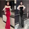 Autumn and Winter New Sexy Lady Golden Velvet Oneword Collar Slim and Thin Dress Dress, Long Style with Chest Pads