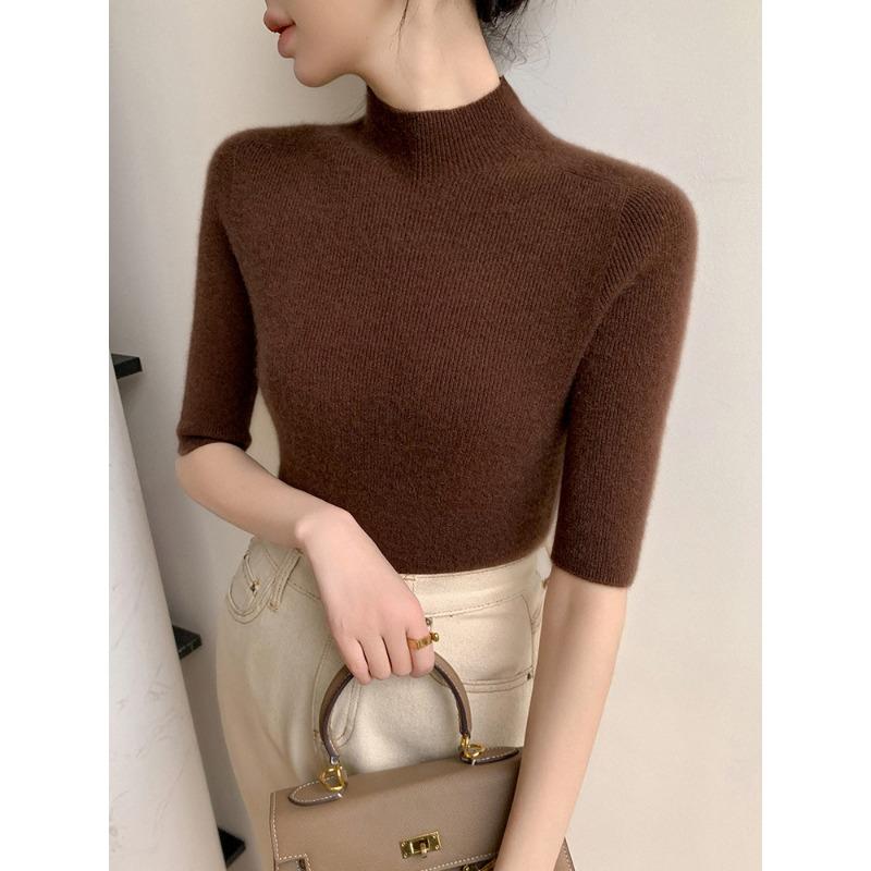 Five-quarter-sleeved Bottoming Shirt Women's Semi-turtleneck Inner Fit Slim-fitting Spring and Autumn with Coat New Knitted Sweater Top Half-sleeved
