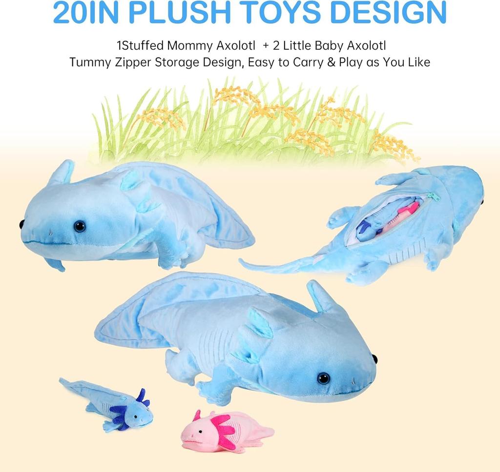 ZHONGXIN MADE Soft Axolotl Plush Toy Set with Cute Axolotl Stuffed Gift for Friends and Blue 3-Piece Zipper, Animals, Kids,