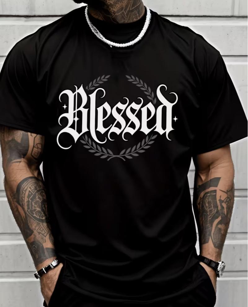 Unisexs Fashionable Casual Tshirt With Blessed Letter And Wreath Design For Street Style Plus Size Tshirts