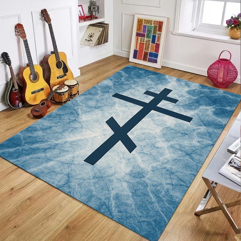 Eastern Orthodox Cross Area Rug Frost Marble Texture Christian Religious Decorative Floor Mat for Living Room Bedroom Home Decor
