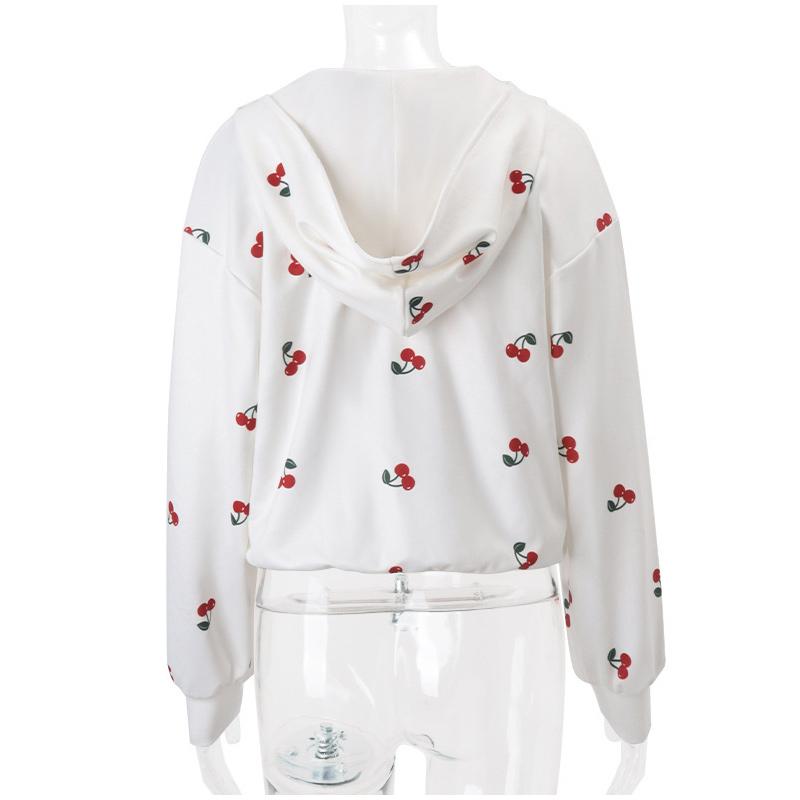 Women's Fashion Cherry Print White Hoodie Sweatshirt 2026 Spring Women's Long Sleeve Loose Streetwear Zip Up Hooded SweatShirt