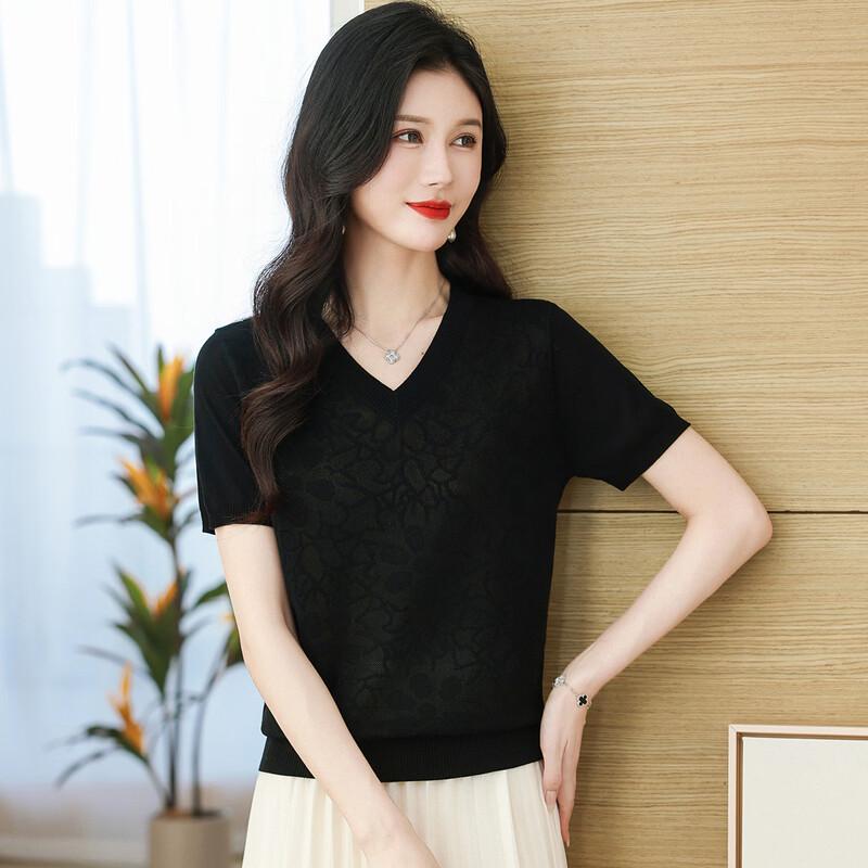 SNOWFLYING Women's V-neck Jacquard Knit Short Sleeve T-shirt