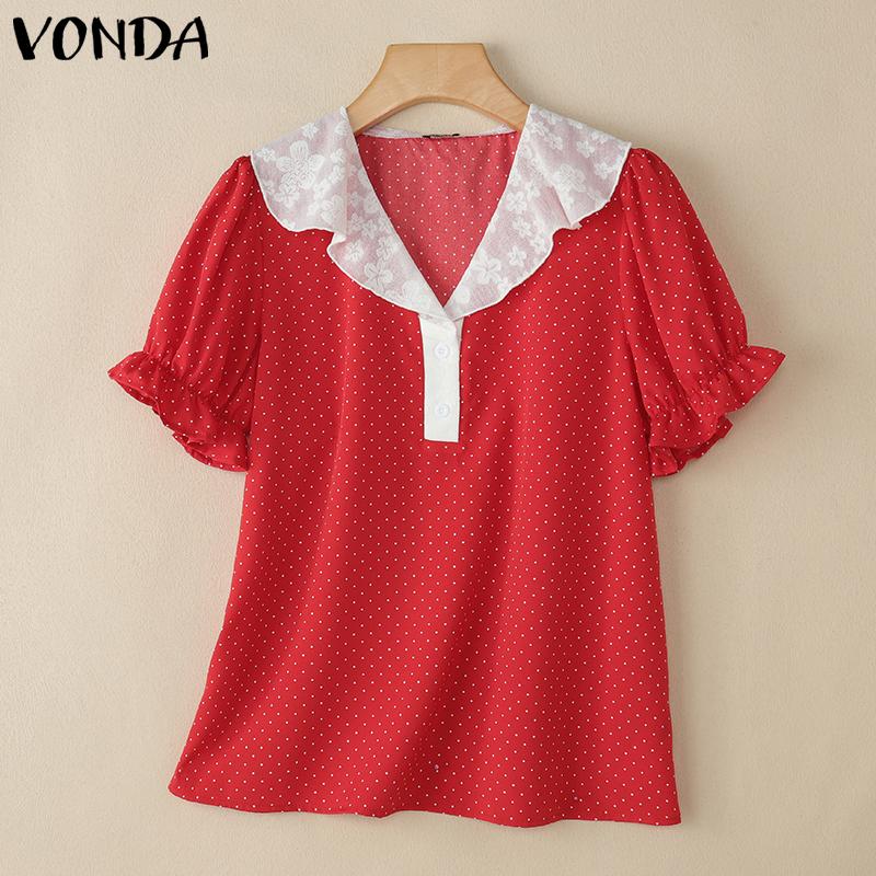 VONDA Summer Women Lace Neck Short Puff Sleeve Ruffled Polka Dots Casual Tops Blouse