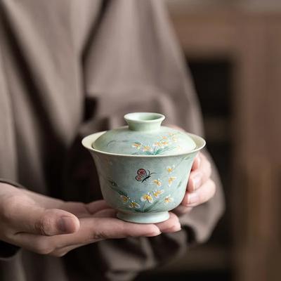 Hand Painted Butterfly Gaiwan Set For Tea Porcelain Chinese Green Tureen Teaware  Tea Bowl Kung Fu