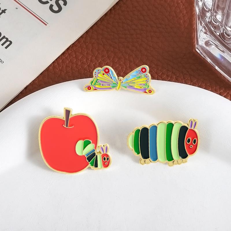 Apple Borer Enamel Pins Custom Caterpillar Turns Into Butterfly Brooches Lapel Badges Clothes Funny Jewelry Gift for Friends