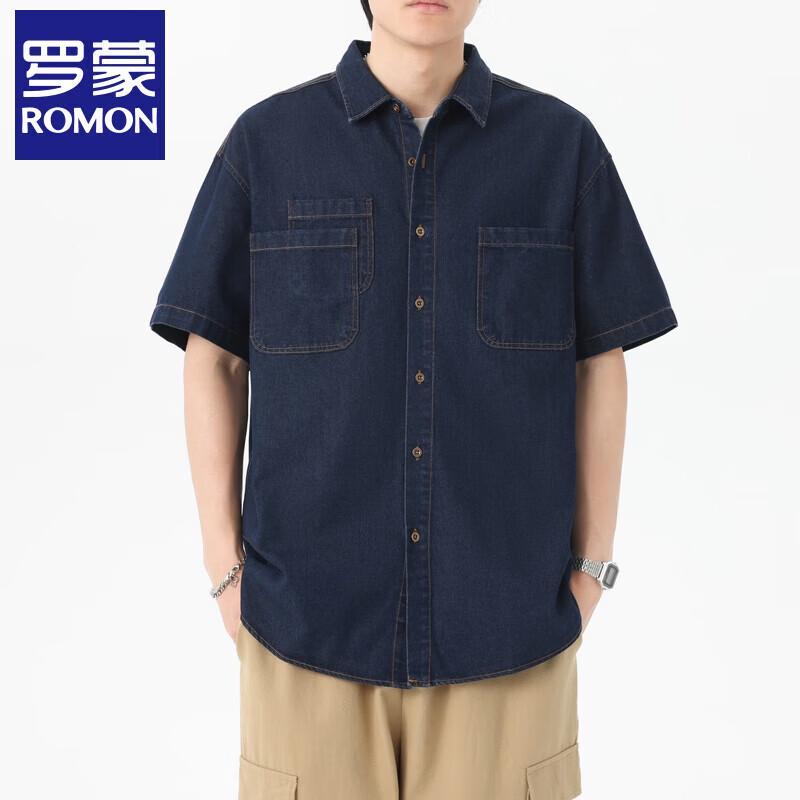 Luomeng Men s Short-Sleeve Loose Fit Denim Shirt L