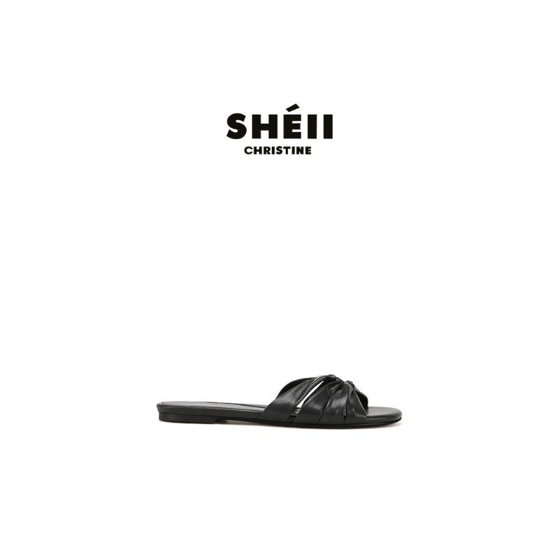 Leather version~ square-headed lambskin pleated flat-bottomed slippers women's cool slippers outer wear summer