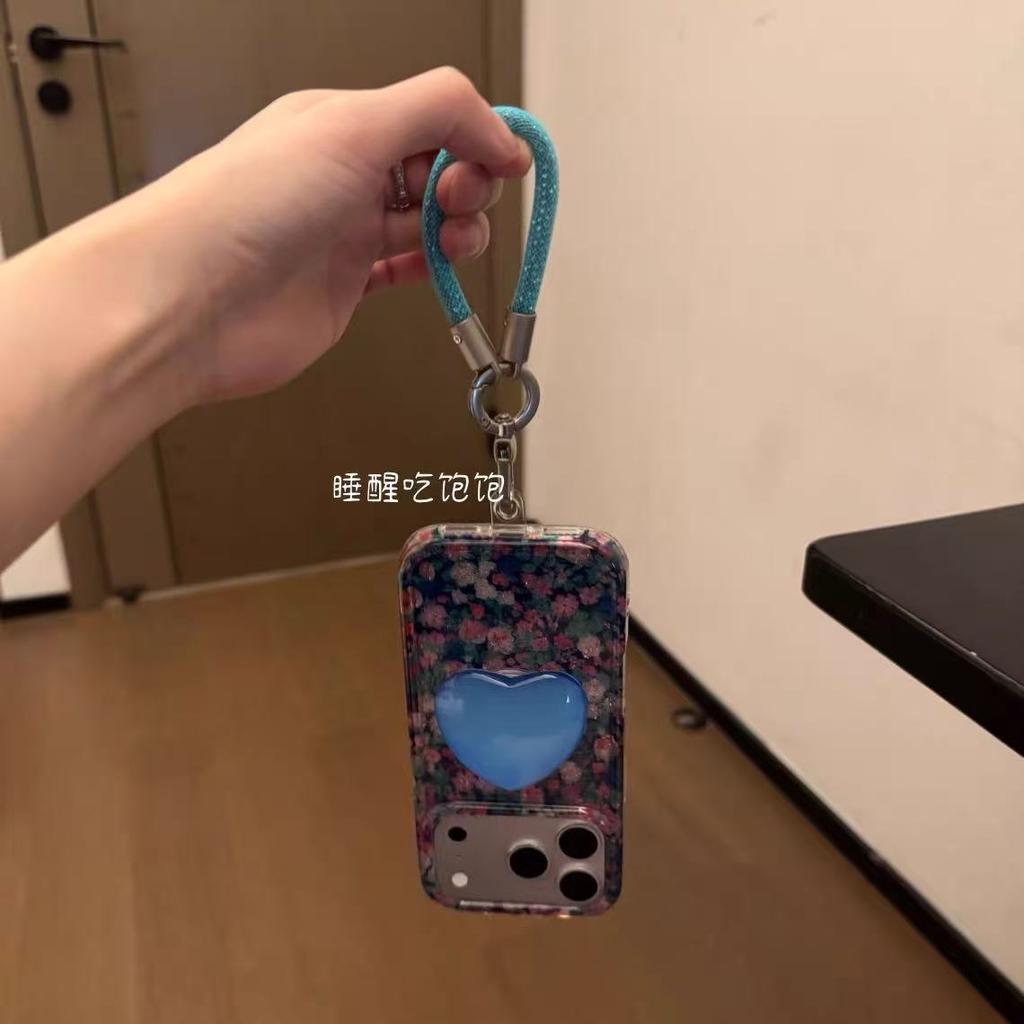 Glitter floral blue love bracket chain is suitable for Apple 14Promax mobile phone case 16.