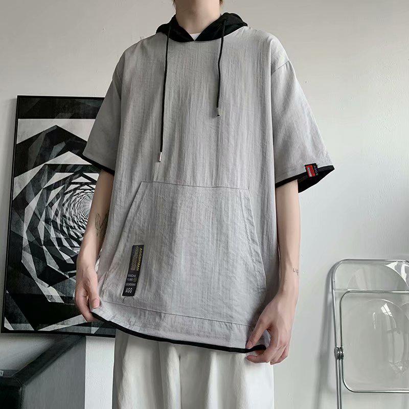 Men's Hooded Ice Silk Contrast Color Two-Piece Short Sleeve T-Shirt, Hong Kong Style, Loose Summer Trend.
