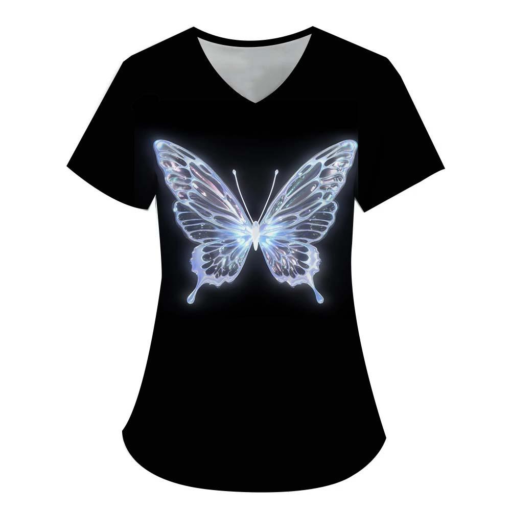 Damen T-Shirt V-Ausschnitt Krankenschwester Uniform Pendeln Schwarze Serie Schmetterlingsdruck Damen T-Shirt