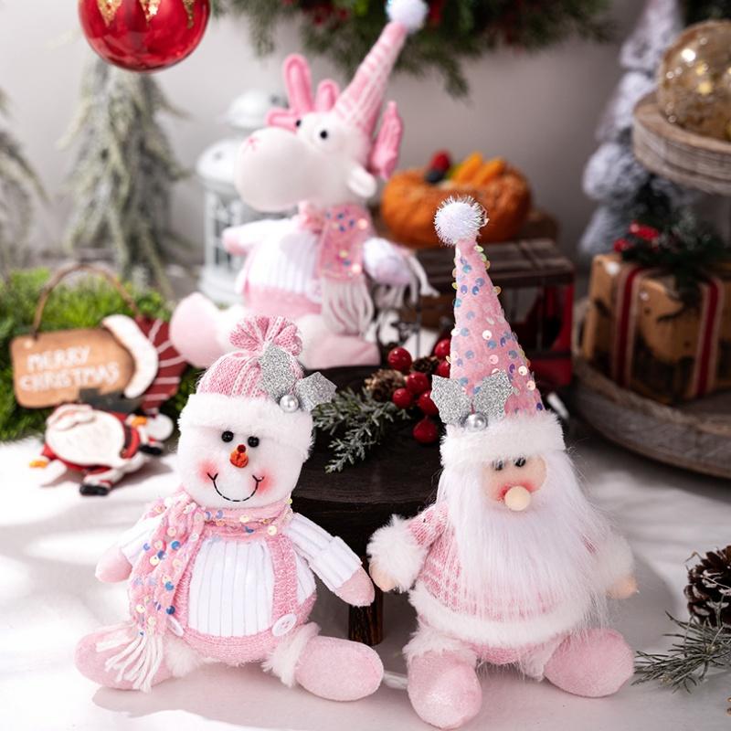 1Pc Christmas Decorations Christmas Pink Glitter Doll Pendant Santa Claus Pendant Snowman Elk Pendant
