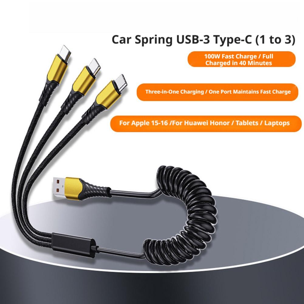 100W Braided Spring 3 In 1 USB C To 3 Type C Cable Fast Charging Phone Cable Suitable For Type-C Laptop Data Cable