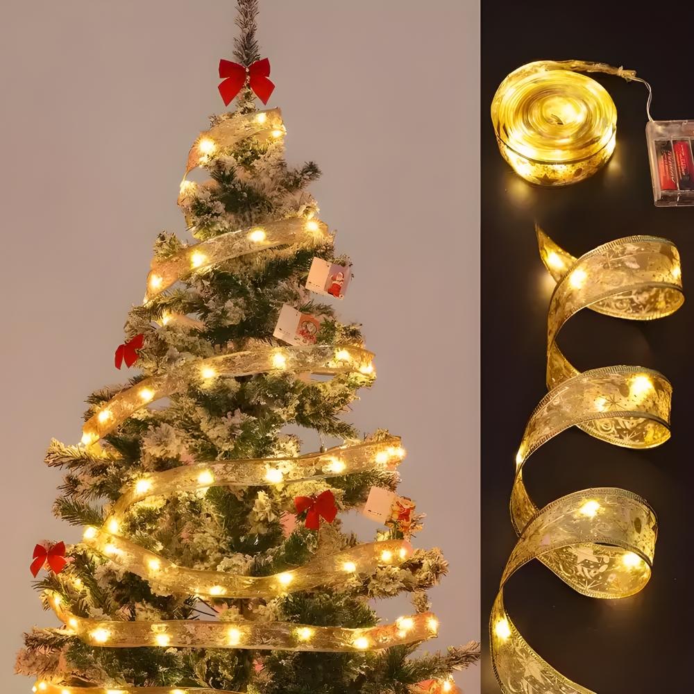 Satin ribbon Christmas garland LED chain gold eco Christmas tree lights