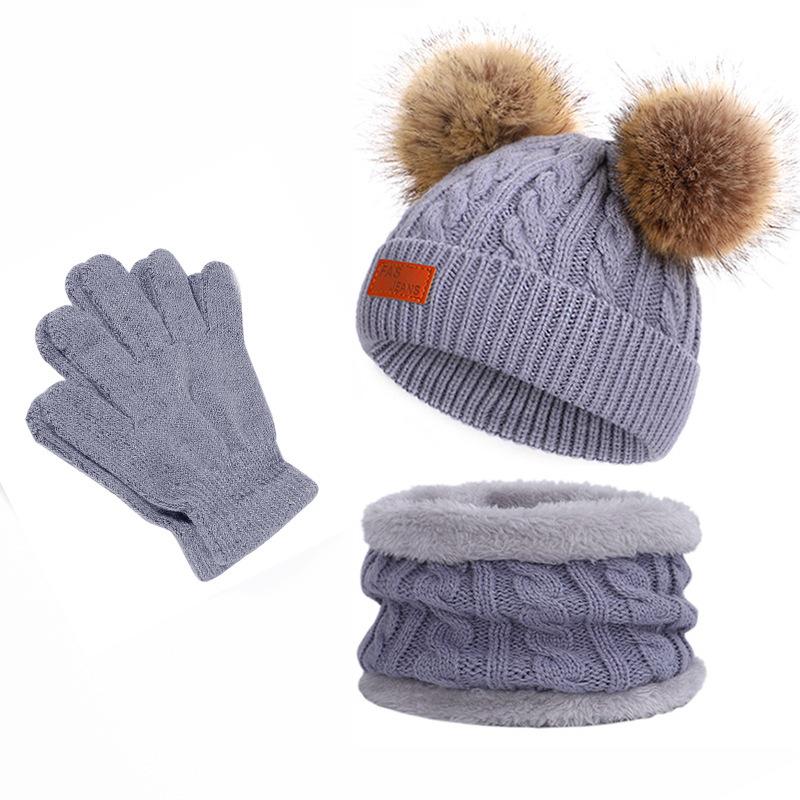 Cappello lavorato a maglia in lana per bambini autunno e inverno, set caldo per bambini, sciarpa, guanti, set da tre pezzi con velluto