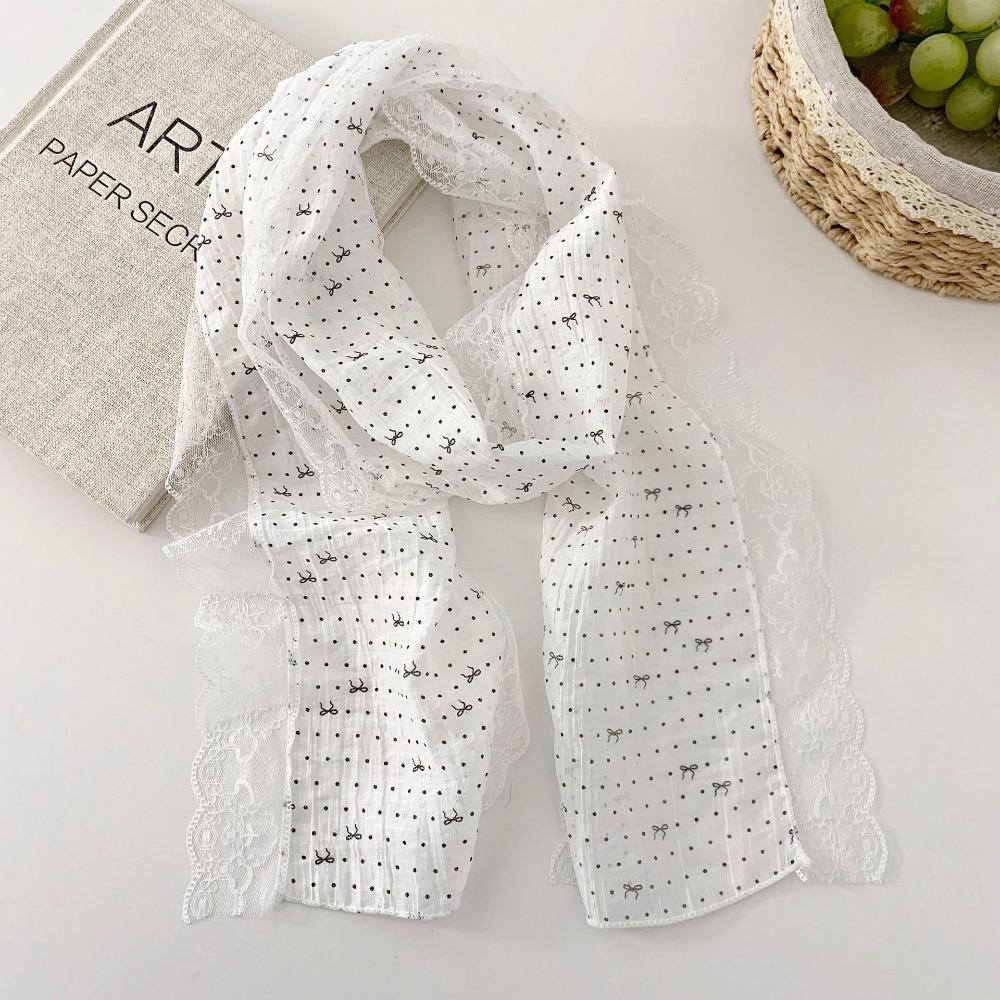 

New Butterfly Knot Silk Scarf Lightweight Lace Edge Drifting Belt Polka Dot Women Headscarf білий