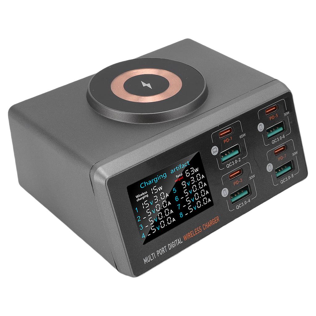 Desktop Charger LCD Color Screen PD Multi Port Charging Station with 15W Magnetic Wireless Charging