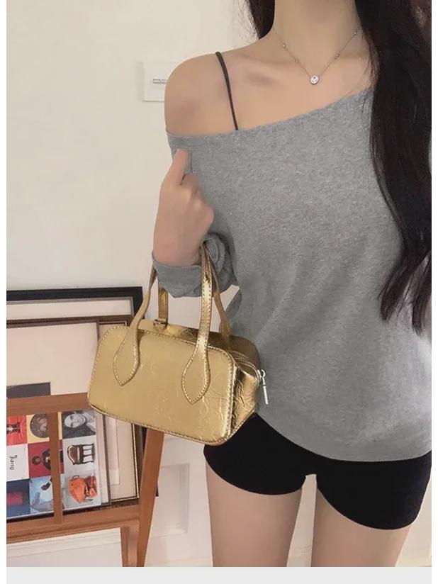 Dark Blue Off-the-Shoulder Long-Sleeve Women's Slimming Autumn Top