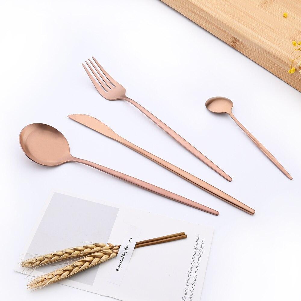16Pcs Rose Gold Cutlery Set Knife Fork Coffee Spoons Dinnerware Set Stainless Steel Tableware Set Western Kitchen Silverware Set