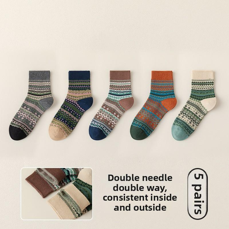 5 Pairs of Girls Autumn and Winter Retro Fashion New Drum Cotton Socks