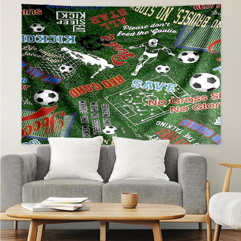 Soccer Print Tapestry, Backdrop, Easy Setup, Ideal for Bedroom, Office & Living Room, with Aesthetic Wall Hanging Decor.