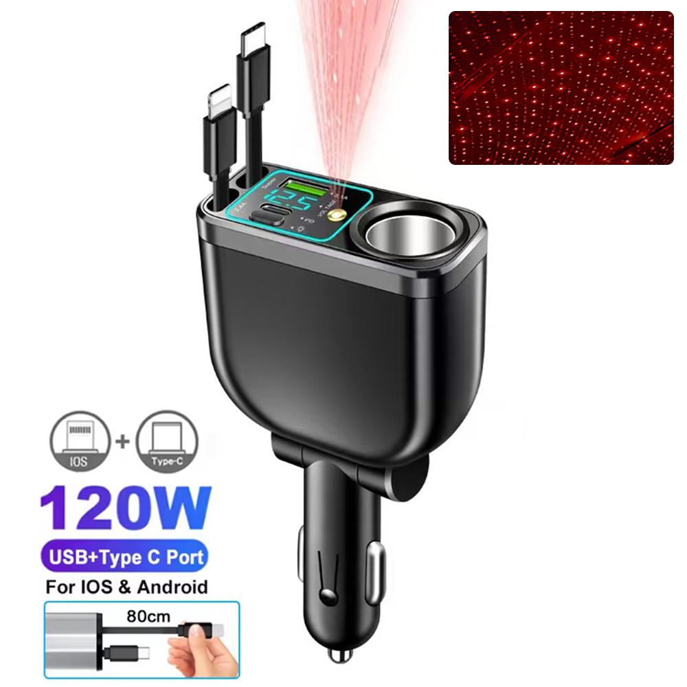 6-in-1 Car Charger with Retractable Type C ios Cable Cigarette Lighter Power Adapter PD USB Phone Charger with Voltage Display