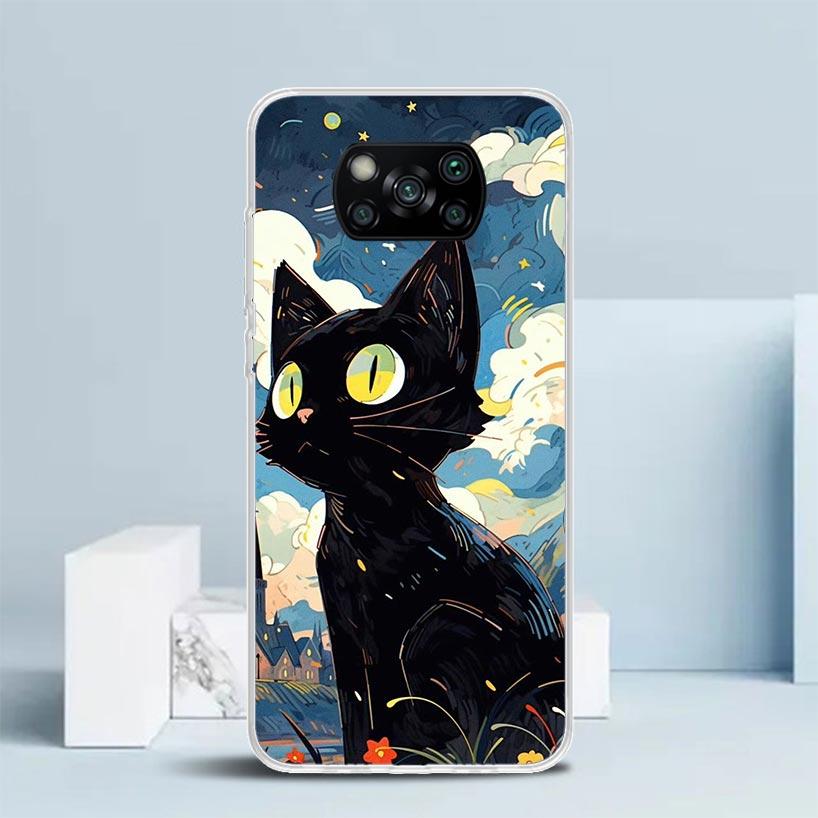 Anime Cute Black Cat Meow Phone Case For Xiaomi Poco F7 Ultra X5 X6 X7 Pro M7 Redmi 15C 15 13C 13 12C 12 10C 10 10A 9 9C 9A 9T C