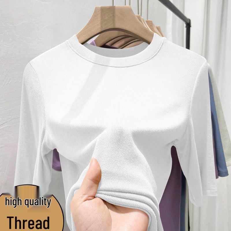 Women s Slim Fit Ribbed Short Sleeve Round Neck T-shirt L (recommend 95-110 jin)
