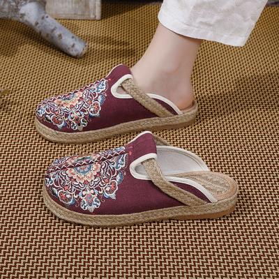 Summer New Bag Head Half Slippers Women Can Wear Ethnic Style Embroidered Cool Slippers Flat Heel Thick Sole Linen Lazy Shoes
