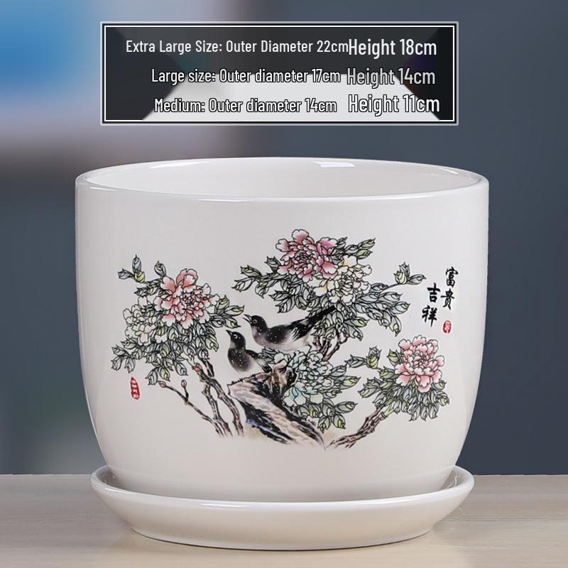 Simple White Ceramic Flower Pot with Base for Indoor Plants - Available in Large and Extra Large
