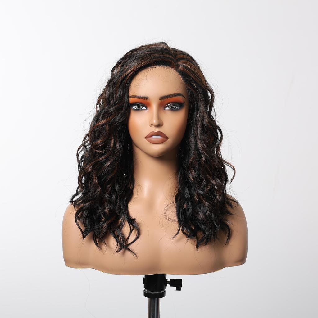 ALAN EATON Medium Length Lace Synthetic Wigs Wavy Red Brown Highlight Wig for Black White Women Natural High Density 18inch